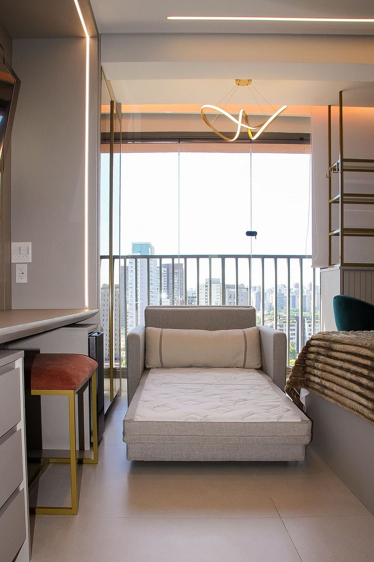 Studio Moderno com piscina, academia e coworking
